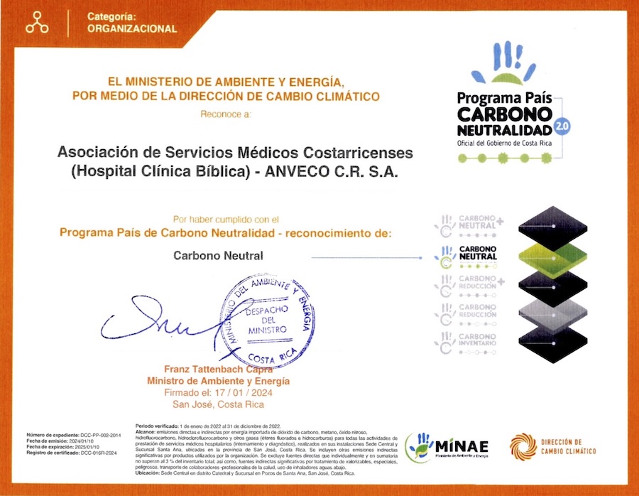 Declaratoria de Carbono Neutral - Hospital Clínica Bíblica